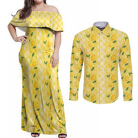 Hawaii Lemon Palaka Couples Matching Off Shoulder Maxi Dress and Long Sleeve Button Shirt Striped Stylized LT01 Yellow - Polynesian Pride