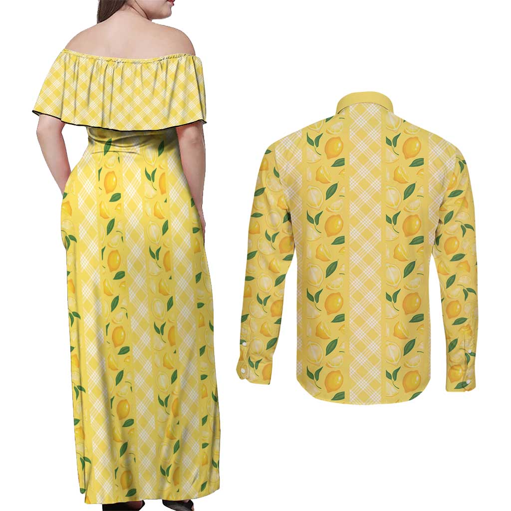 Hawaii Lemon Palaka Couples Matching Off Shoulder Maxi Dress and Long Sleeve Button Shirt Striped Stylized LT01 - Polynesian Pride