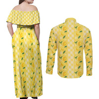 Hawaii Lemon Palaka Couples Matching Off Shoulder Maxi Dress and Long Sleeve Button Shirt Striped Stylized LT01 - Polynesian Pride