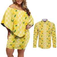 Hawaii Lemon Palaka Couples Matching Off Shoulder Short Dress and Long Sleeve Button Shirt Striped Stylized LT01 Yellow - Polynesian Pride