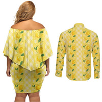 Hawaii Lemon Palaka Couples Matching Off Shoulder Short Dress and Long Sleeve Button Shirt Striped Stylized LT01 - Polynesian Pride
