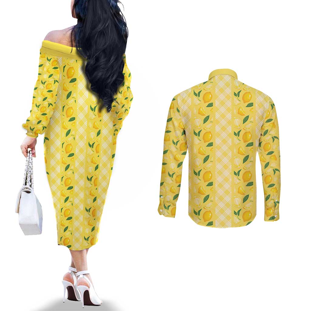 Hawaii Lemon Palaka Couples Matching Off The Shoulder Long Sleeve Dress and Long Sleeve Button Shirt Striped Stylized LT01 - Polynesian Pride