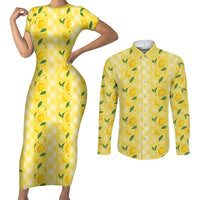 Hawaii Lemon Palaka Couples Matching Short Sleeve Bodycon Dress and Long Sleeve Button Shirt Striped Stylized LT01 Yellow - Polynesian Pride