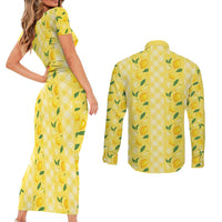 Hawaii Lemon Palaka Couples Matching Short Sleeve Bodycon Dress and Long Sleeve Button Shirt Striped Stylized LT01 - Polynesian Pride