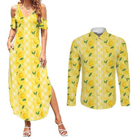 Hawaii Lemon Palaka Couples Matching Summer Maxi Dress and Long Sleeve Button Shirt Striped Stylized LT01 Yellow - Polynesian Pride