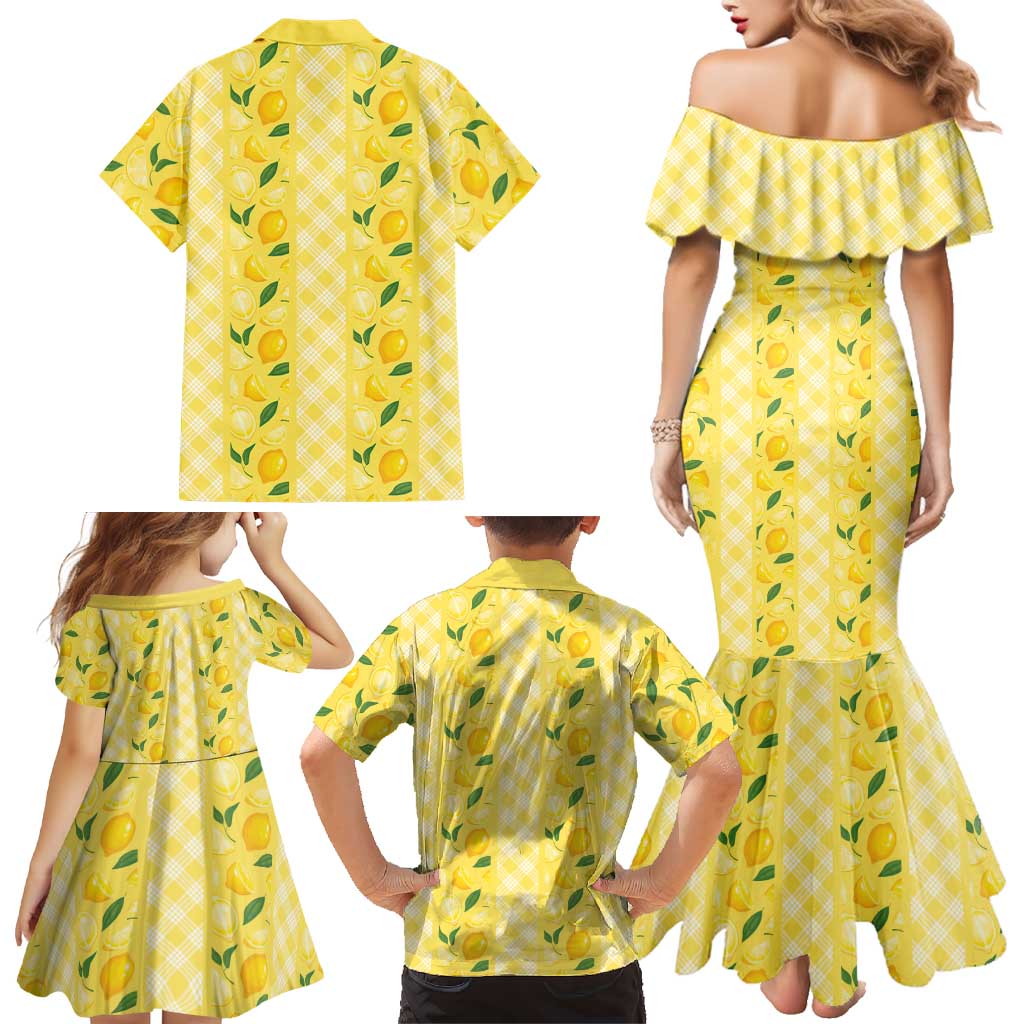 Hawaii Lemon Palaka Family Matching Mermaid Dress and Hawaiian Shirt Striped Stylized