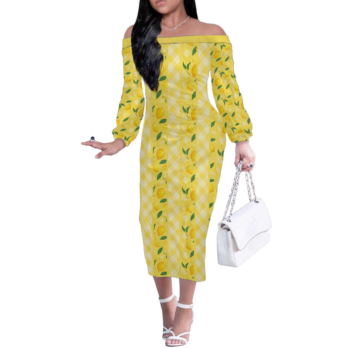Hawaii Lemon Palaka Off The Shoulder Long Sleeve Dress Striped Stylized LT01 Women Yellow - Polynesian Pride