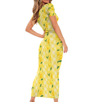Hawaii Lemon Palaka Short Sleeve Bodycon Dress Striped Stylized