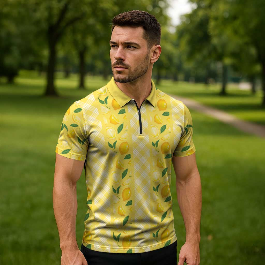 Hawaii Lemon Palaka Zipper Polo Shirt Striped Stylized