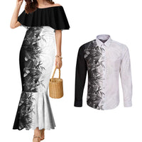 Hawaii Tropical Plant Monochrome Couples Matching Mermaid Dress and Long Sleeve Button Shirt Vibrant Polynesian Pattern LT01 Black - Polynesian Pride