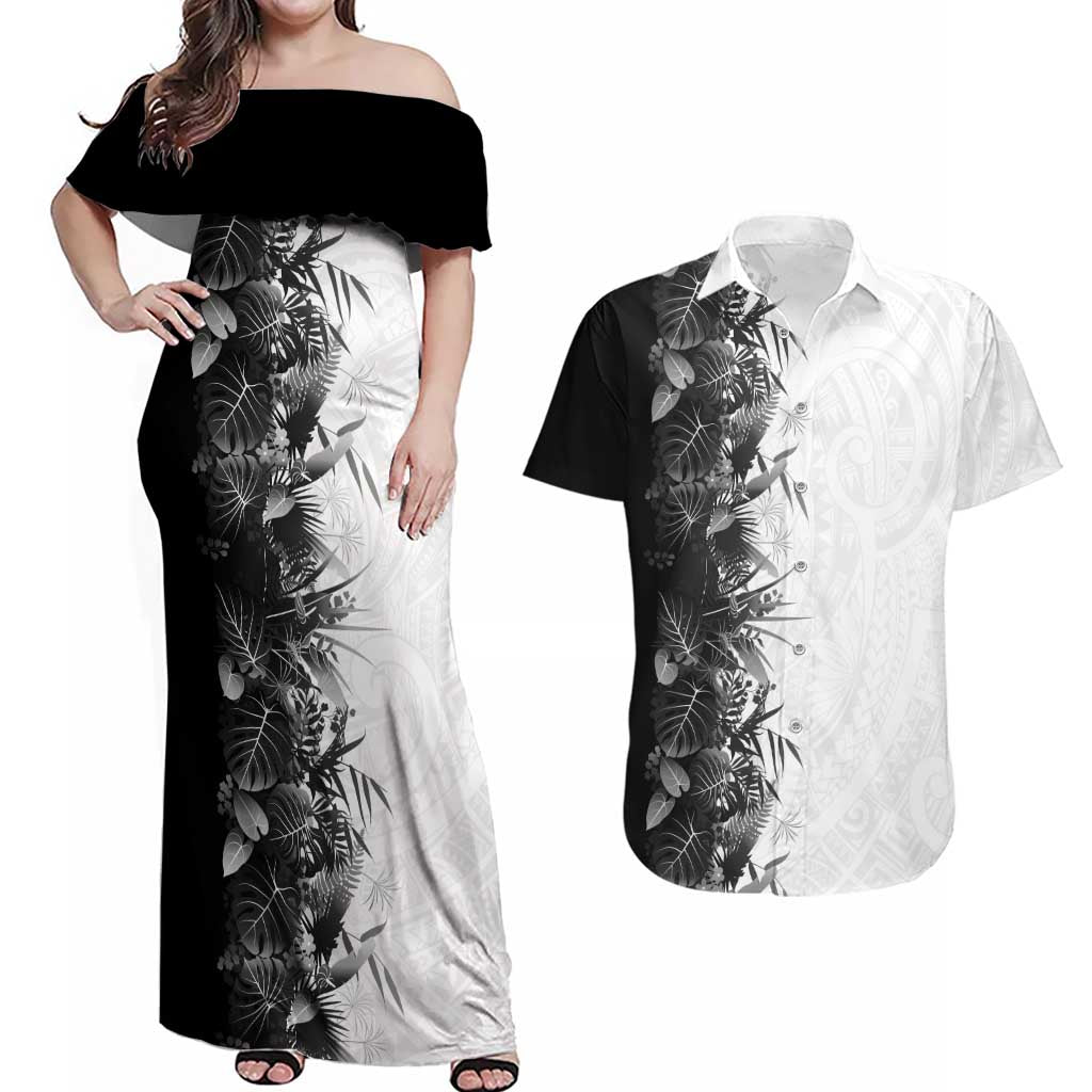 Hawaii Tropical Plant Monochrome Couples Matching Off Shoulder Maxi Dress and Hawaiian Shirt Vibrant Polynesian Pattern LT01 Black - Polynesian Pride