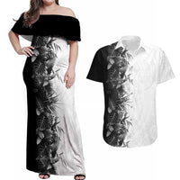Hawaii Tropical Plant Monochrome Couples Matching Off Shoulder Maxi Dress and Hawaiian Shirt Vibrant Polynesian Pattern LT01 Black - Polynesian Pride