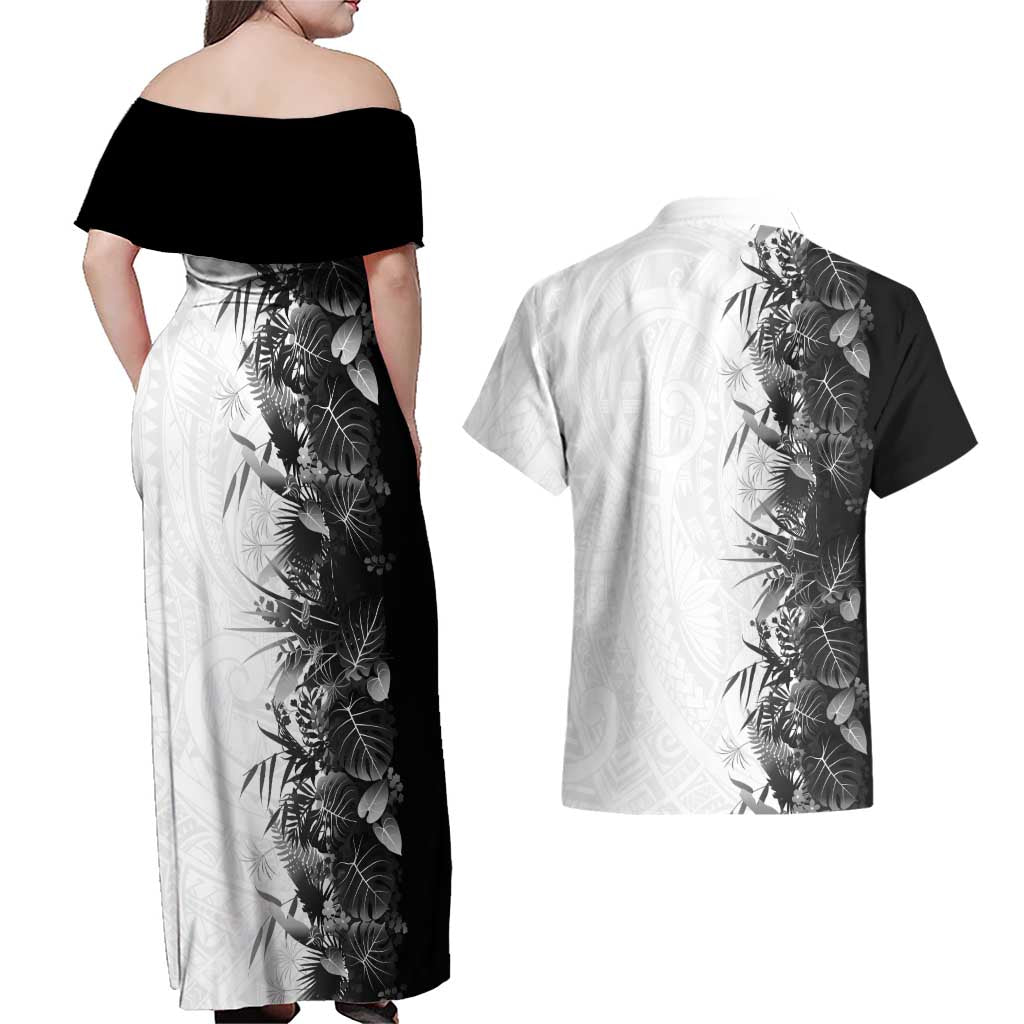 Hawaii Tropical Plant Monochrome Couples Matching Off Shoulder Maxi Dress and Hawaiian Shirt Vibrant Polynesian Pattern LT01 - Polynesian Pride