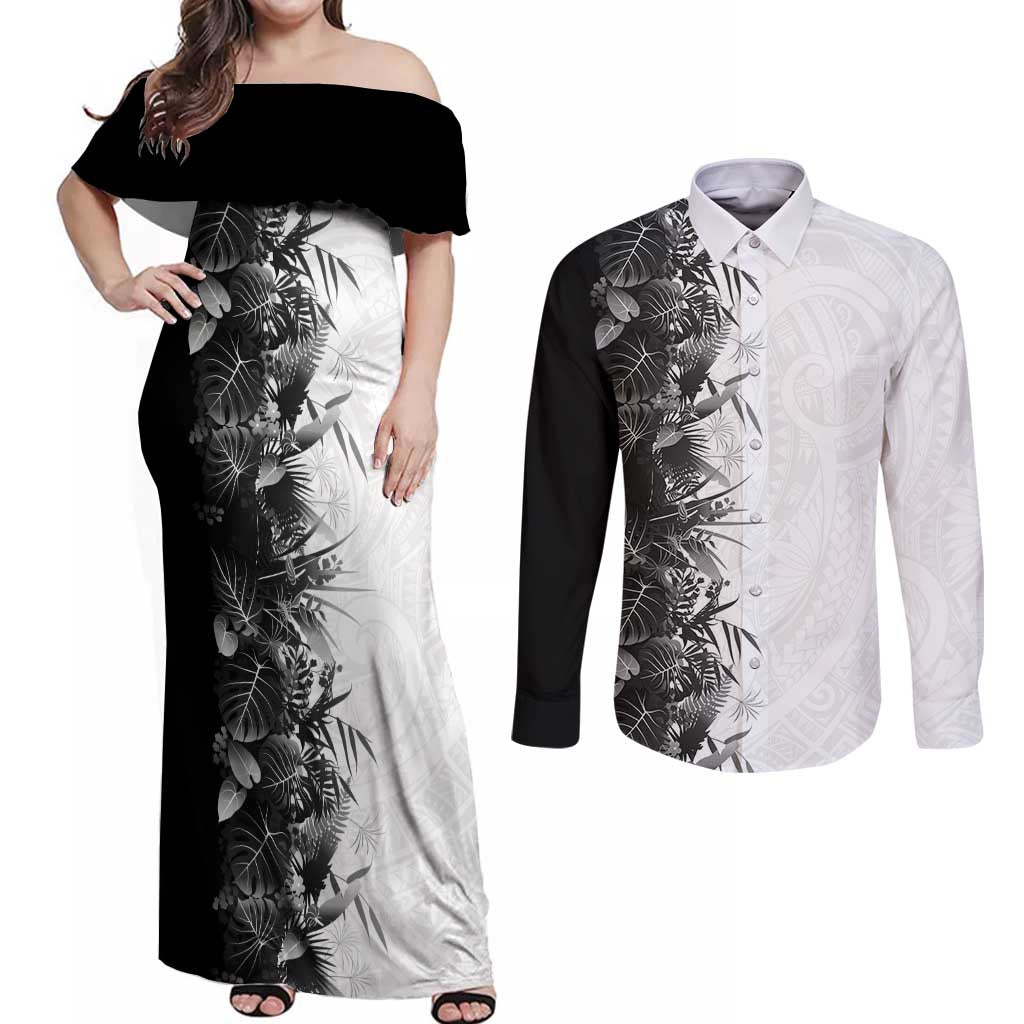 Hawaii Tropical Plant Monochrome Couples Matching Off Shoulder Maxi Dress and Long Sleeve Button Shirt Vibrant Polynesian Pattern LT01 Black - Polynesian Pride