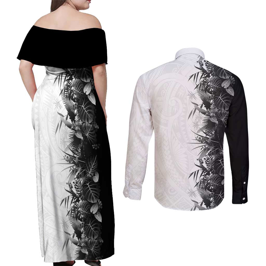 Hawaii Tropical Plant Monochrome Couples Matching Off Shoulder Maxi Dress and Long Sleeve Button Shirt Vibrant Polynesian Pattern LT01 - Polynesian Pride