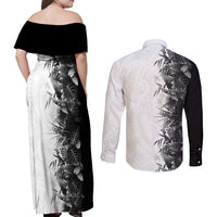 Hawaii Tropical Plant Monochrome Couples Matching Off Shoulder Maxi Dress and Long Sleeve Button Shirt Vibrant Polynesian Pattern LT01 - Polynesian Pride