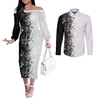Hawaii Tropical Plant Monochrome Couples Matching Off The Shoulder Long Sleeve Dress and Long Sleeve Button Shirt Vibrant Polynesian Pattern LT01 Black - Polynesian Pride