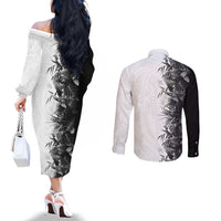 Hawaii Tropical Plant Monochrome Couples Matching Off The Shoulder Long Sleeve Dress and Long Sleeve Button Shirt Vibrant Polynesian Pattern LT01 - Polynesian Pride