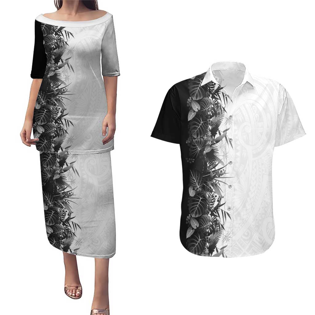 Hawaii Tropical Plant Monochrome Couples Matching Puletasi and Hawaiian Shirt Vibrant Polynesian Pattern LT01 Black - Polynesian Pride