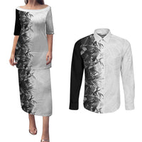 Hawaii Tropical Plant Monochrome Couples Matching Puletasi and Long Sleeve Button Shirt Vibrant Polynesian Pattern LT01 Black - Polynesian Pride