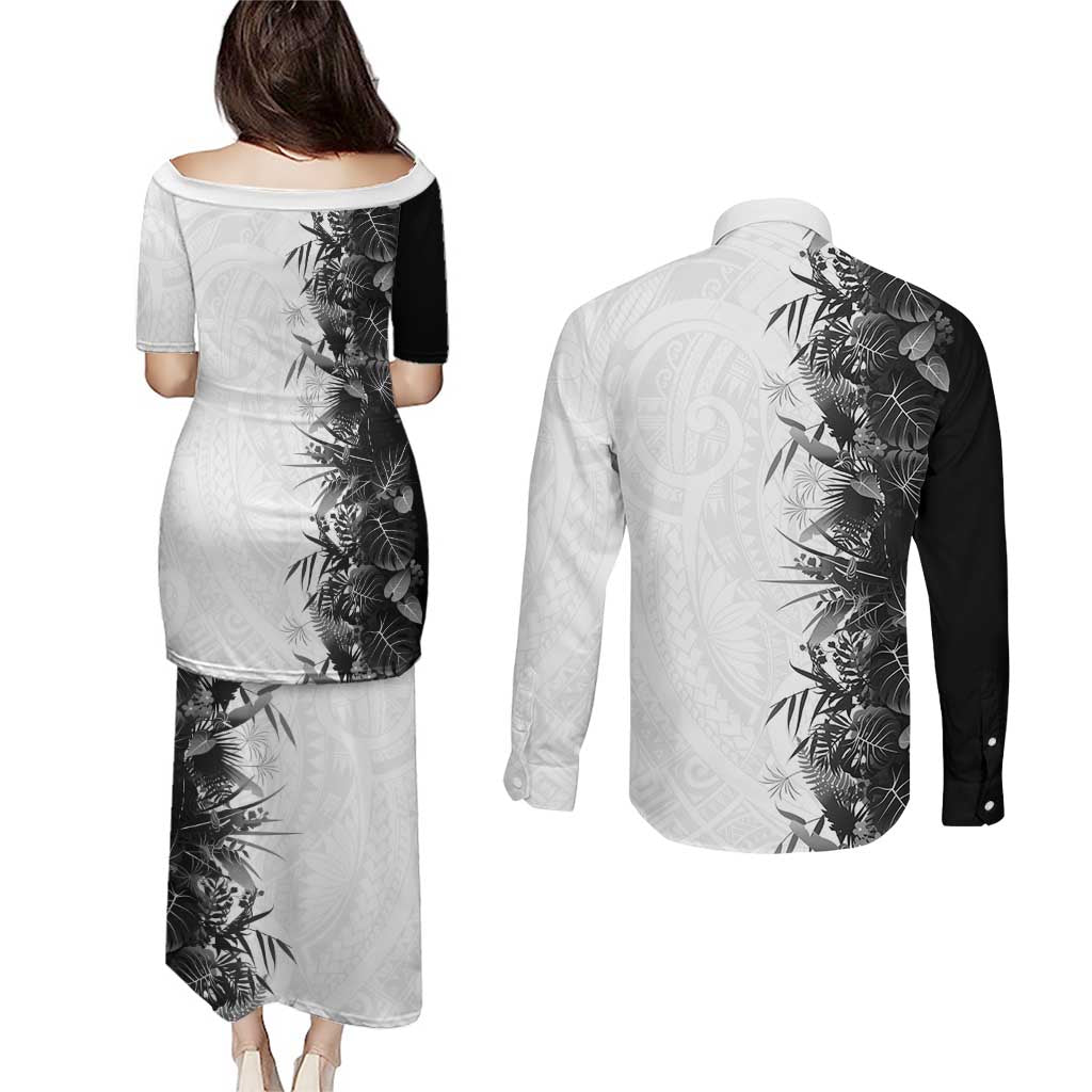 Hawaii Tropical Plant Monochrome Couples Matching Puletasi and Long Sleeve Button Shirt Vibrant Polynesian Pattern LT01 - Polynesian Pride