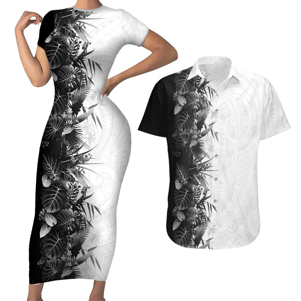 Hawaii Tropical Plant Monochrome Couples Matching Short Sleeve Bodycon Dress and Hawaiian Shirt Vibrant Polynesian Pattern LT01 Black - Polynesian Pride