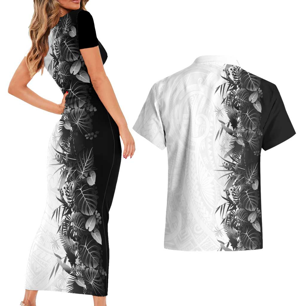 Hawaii Tropical Plant Monochrome Couples Matching Short Sleeve Bodycon Dress and Hawaiian Shirt Vibrant Polynesian Pattern LT01 - Polynesian Pride