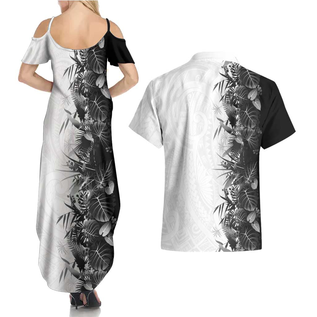 Hawaii Tropical Plant Monochrome Couples Matching Summer Maxi Dress and Hawaiian Shirt Vibrant Polynesian Pattern LT01 - Polynesian Pride