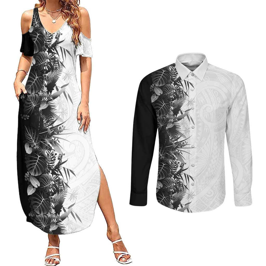 Hawaii Tropical Plant Monochrome Couples Matching Summer Maxi Dress and Long Sleeve Button Shirt Vibrant Polynesian Pattern