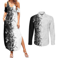 Hawaii Tropical Plant Monochrome Couples Matching Summer Maxi Dress and Long Sleeve Button Shirt Vibrant Polynesian Pattern