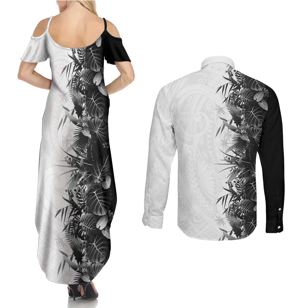 Hawaii Tropical Plant Monochrome Couples Matching Summer Maxi Dress and Long Sleeve Button Shirt Vibrant Polynesian Pattern