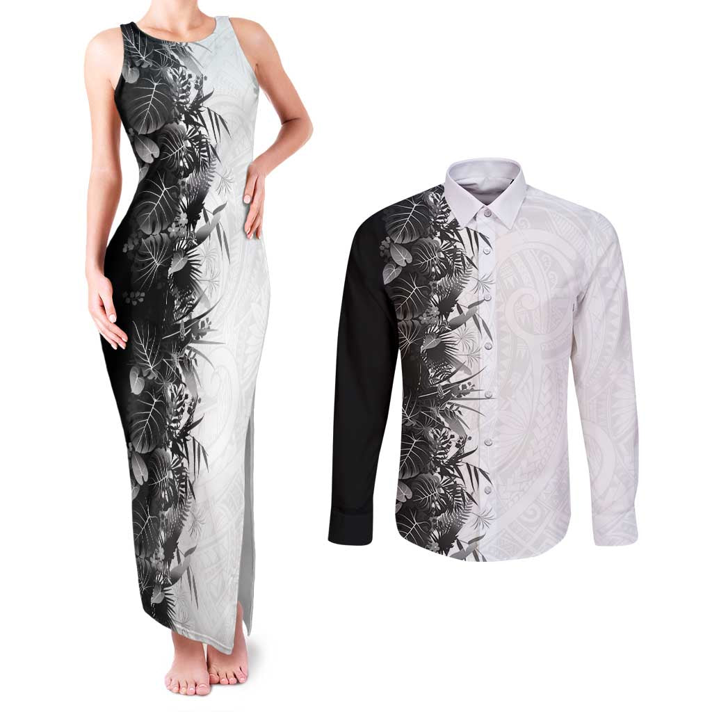 Hawaii Tropical Plant Monochrome Couples Matching Tank Maxi Dress and Long Sleeve Button Shirt Vibrant Polynesian Pattern LT01 Black - Polynesian Pride