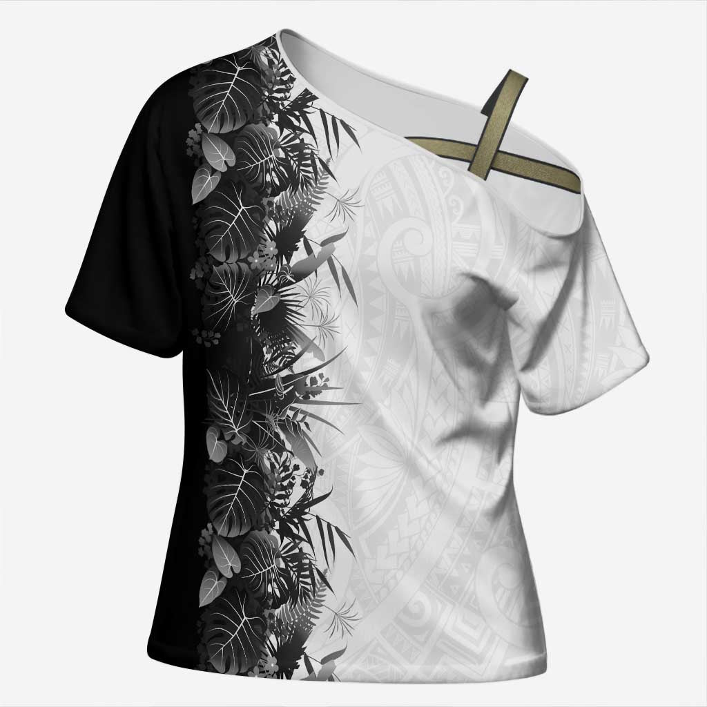 Hawaii Tropical Plant Monochrome Cross Shoulder Shirt Vibrant Polynesian Pattern LT01 Female Black - Polynesian Pride
