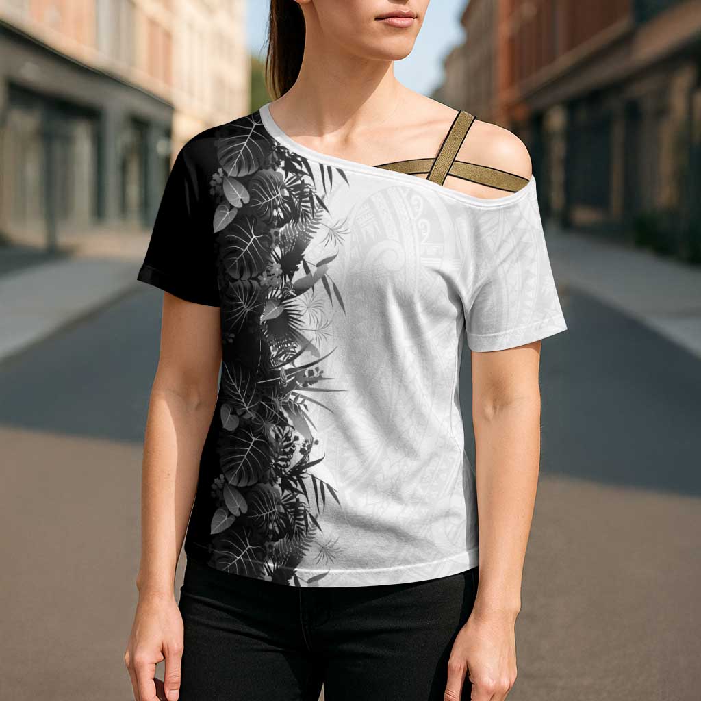 Hawaii Tropical Plant Monochrome Cross Shoulder Shirt Vibrant Polynesian Pattern LT01 - Polynesian Pride