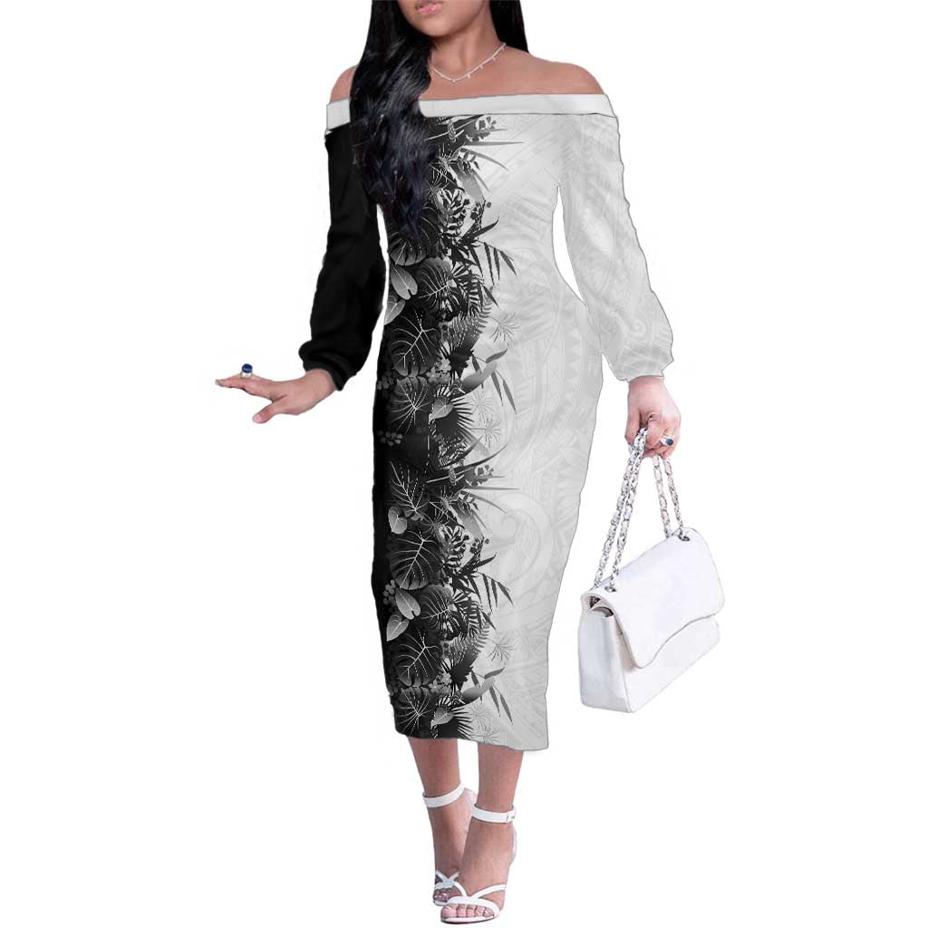 Hawaii Tropical Plant Monochrome Family Matching Off The Shoulder Long Sleeve Dress and Hawaiian Shirt Vibrant Polynesian Pattern