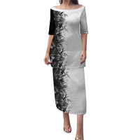 Hawaii Tropical Plant Monochrome Family Matching Puletasi and Hawaiian Shirt Vibrant Polynesian Pattern LT01 Mom's Dress Black - Polynesian Pride