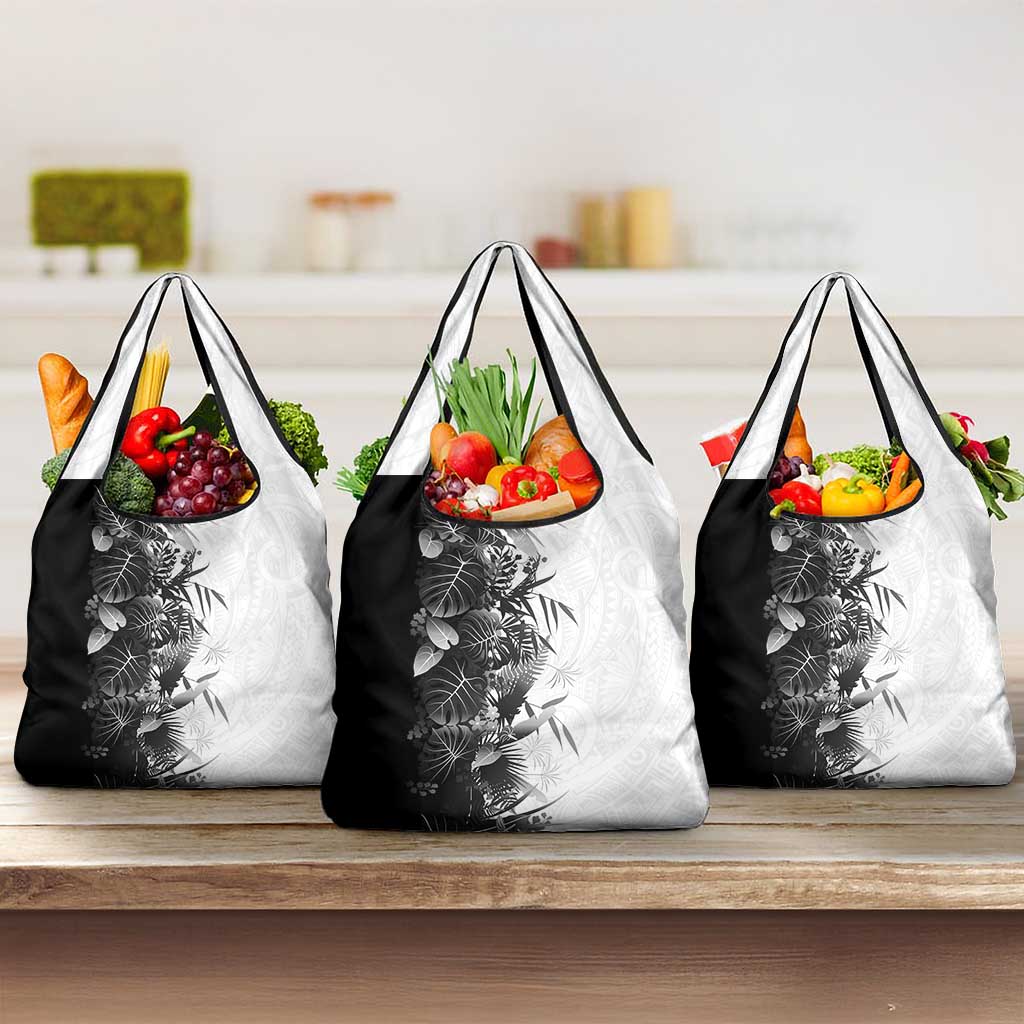 Hawaii Tropical Plant Monochrome Grocery Bag Vibrant Polynesian Pattern LT01 3-pack One Size Black - Polynesian Pride