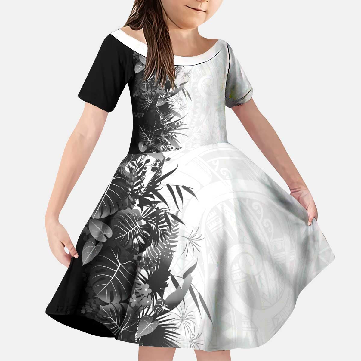 Hawaii Tropical Plant Monochrome Kid Short Sleeve Dress Vibrant Polynesian Pattern LT01 KID Black - Polynesian Pride