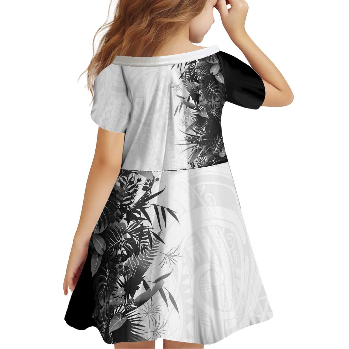 Hawaii Tropical Plant Monochrome Kid Short Sleeve Dress Vibrant Polynesian Pattern LT01 - Polynesian Pride