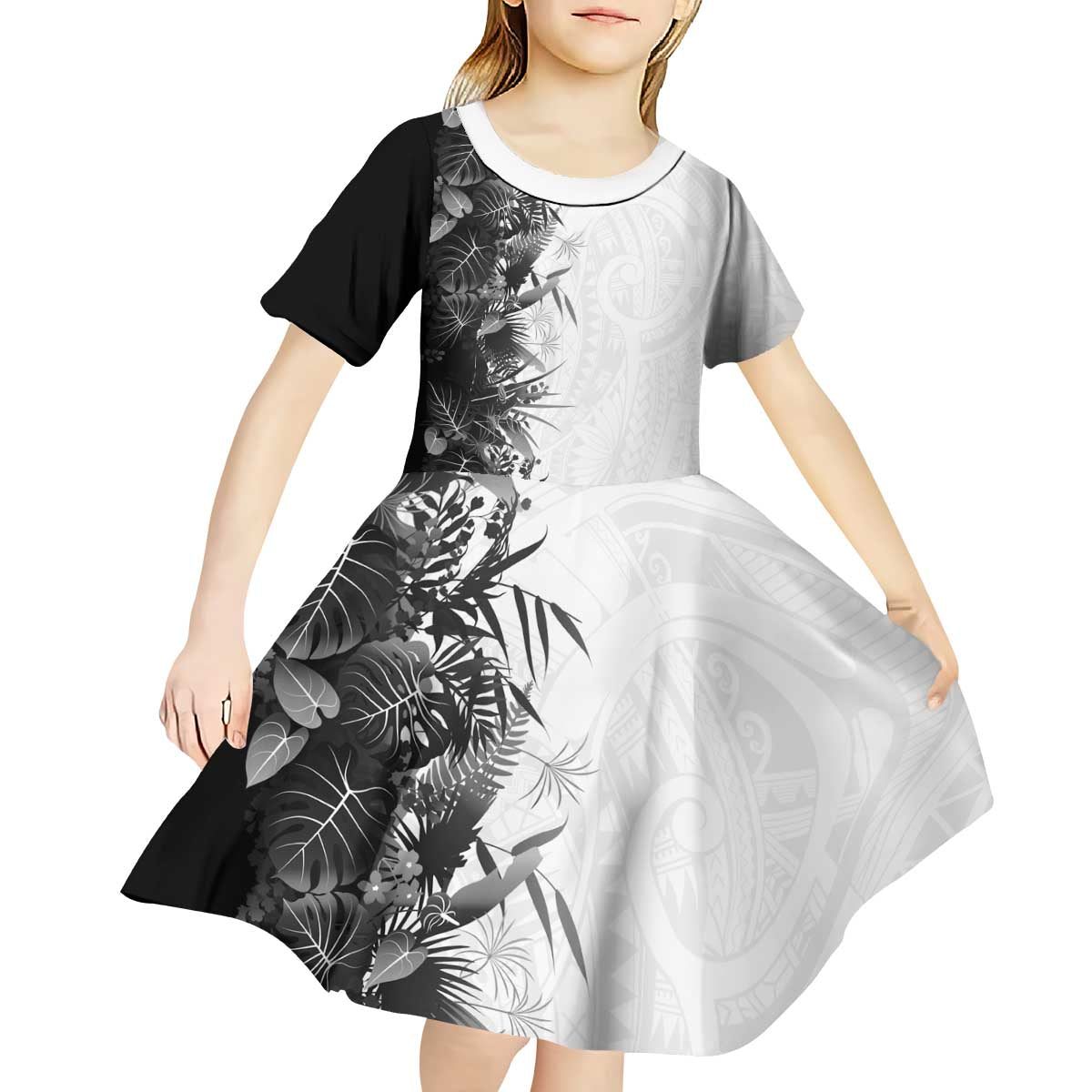 Hawaii Tropical Plant Monochrome Kid Short Sleeve Dress Vibrant Polynesian Pattern LT01 - Polynesian Pride