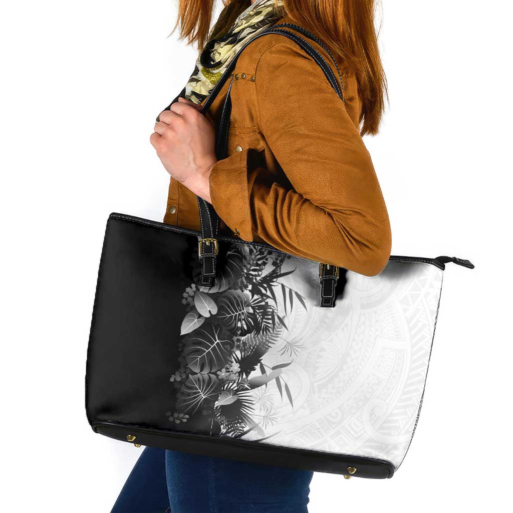 Hawaii Tropical Plant Monochrome Leather Tote Bag Vibrant Polynesian Pattern LT01 Black - Polynesian Pride