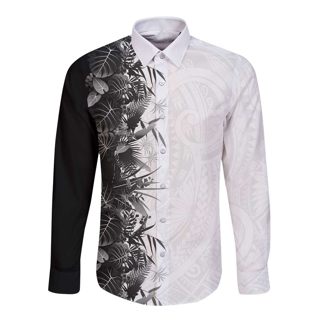 Hawaii Tropical Plant Monochrome Long Sleeve Button Shirt Vibrant Polynesian Pattern LT01 Unisex Black - Polynesian Pride