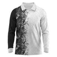 Hawaii Tropical Plant Monochrome Long Sleeve Polo Shirt Vibrant Polynesian Pattern LT01 Black - Polynesian Pride