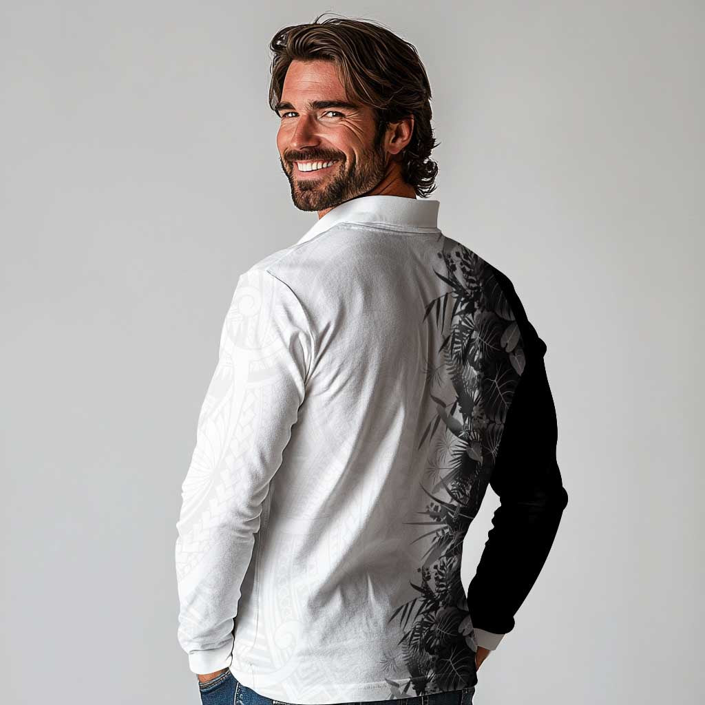 Hawaii Tropical Plant Monochrome Long Sleeve Polo Shirt Vibrant Polynesian Pattern LT01 - Polynesian Pride