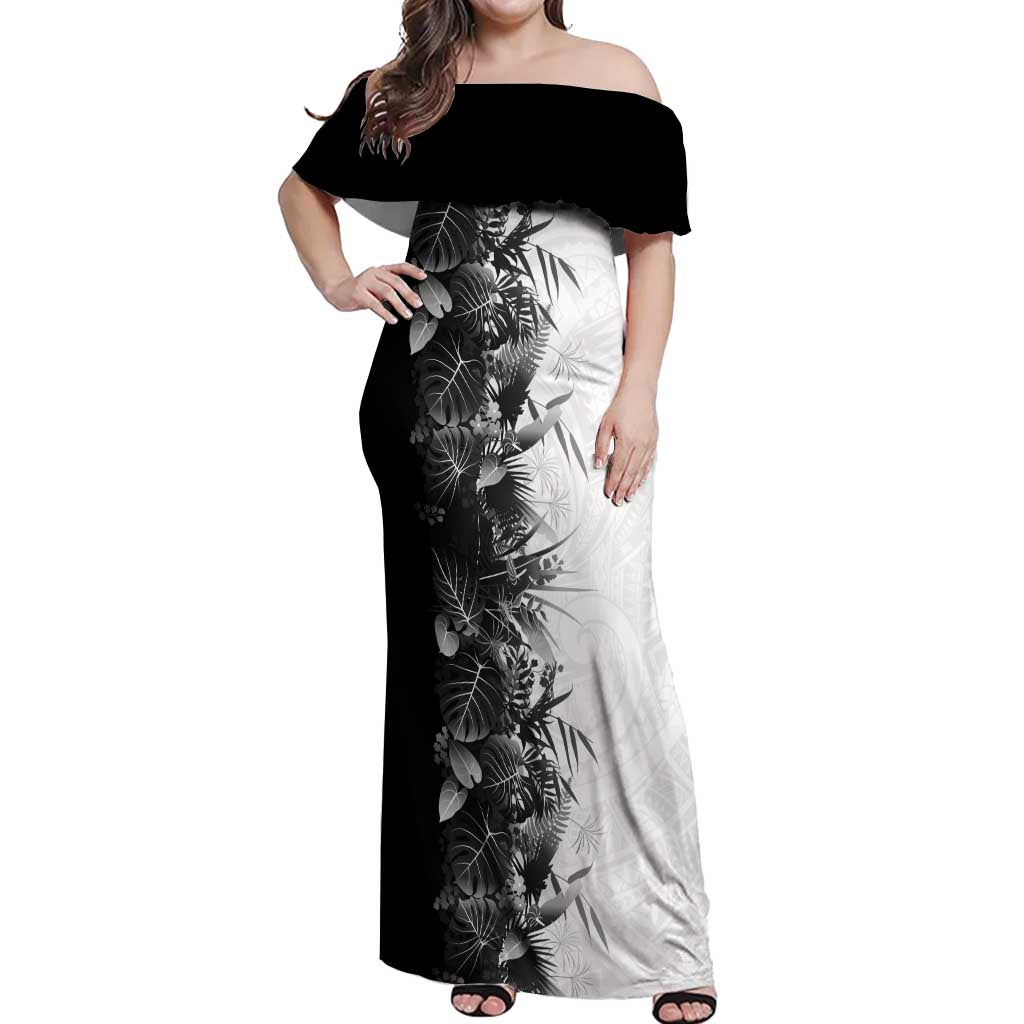 Hawaii Tropical Plant Monochrome Off Shoulder Maxi Dress Vibrant Polynesian Pattern LT01 Women Black - Polynesian Pride