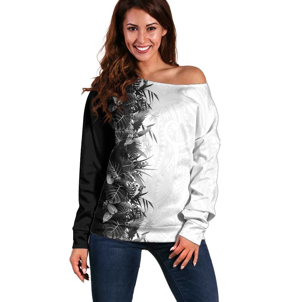 Hawaii Tropical Plant Monochrome Off Shoulder Sweater Vibrant Polynesian Pattern