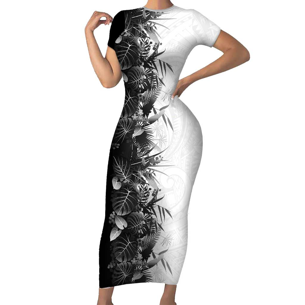 Hawaii Tropical Plant Monochrome Short Sleeve Bodycon Dress Vibrant Polynesian Pattern LT01 Long Dress Black - Polynesian Pride
