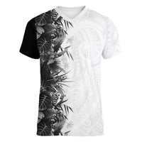 Hawaii Tropical Plant Monochrome Women V-Neck T-Shirt Vibrant Polynesian Pattern