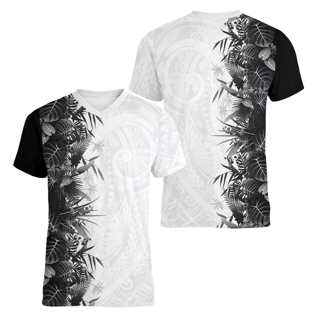 Hawaii Tropical Plant Monochrome Women V-Neck T-Shirt Vibrant Polynesian Pattern