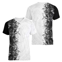 Hawaii Tropical Plant Monochrome Women V-Neck T-Shirt Vibrant Polynesian Pattern